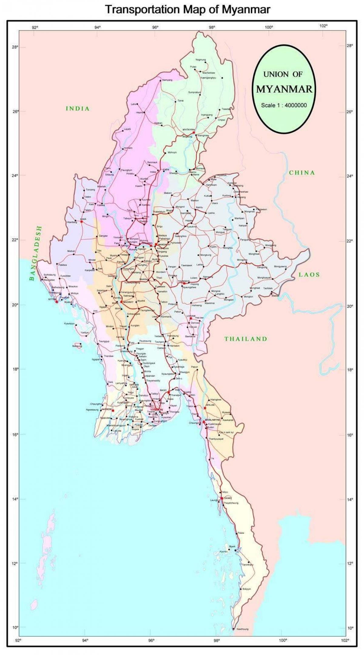 Myanmar väg väg karta