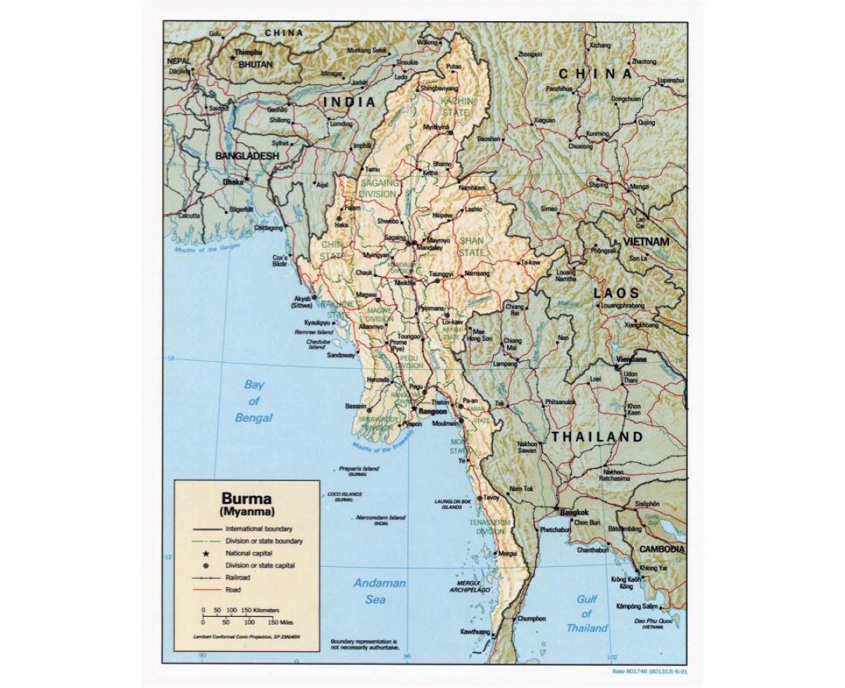 karta över Myanmar med städer
