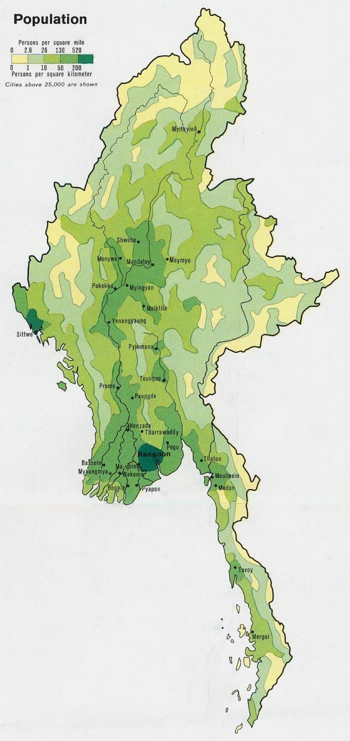 Myanmar befolkningstäthet karta